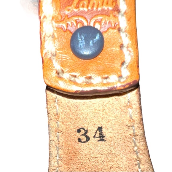 Tony Lama tan leather tooled belt with silver etched design buckle! New!!! main image 7